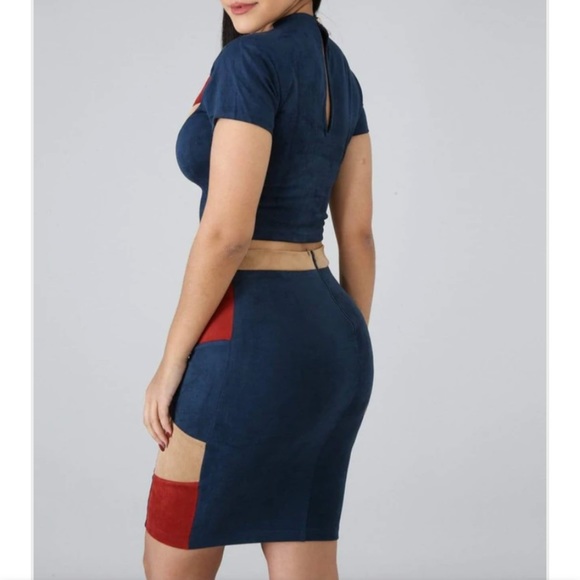 Color block red blue tan 2 piece set Mini skirt and short sleeve top w/ key hole - Picture 4 of 5